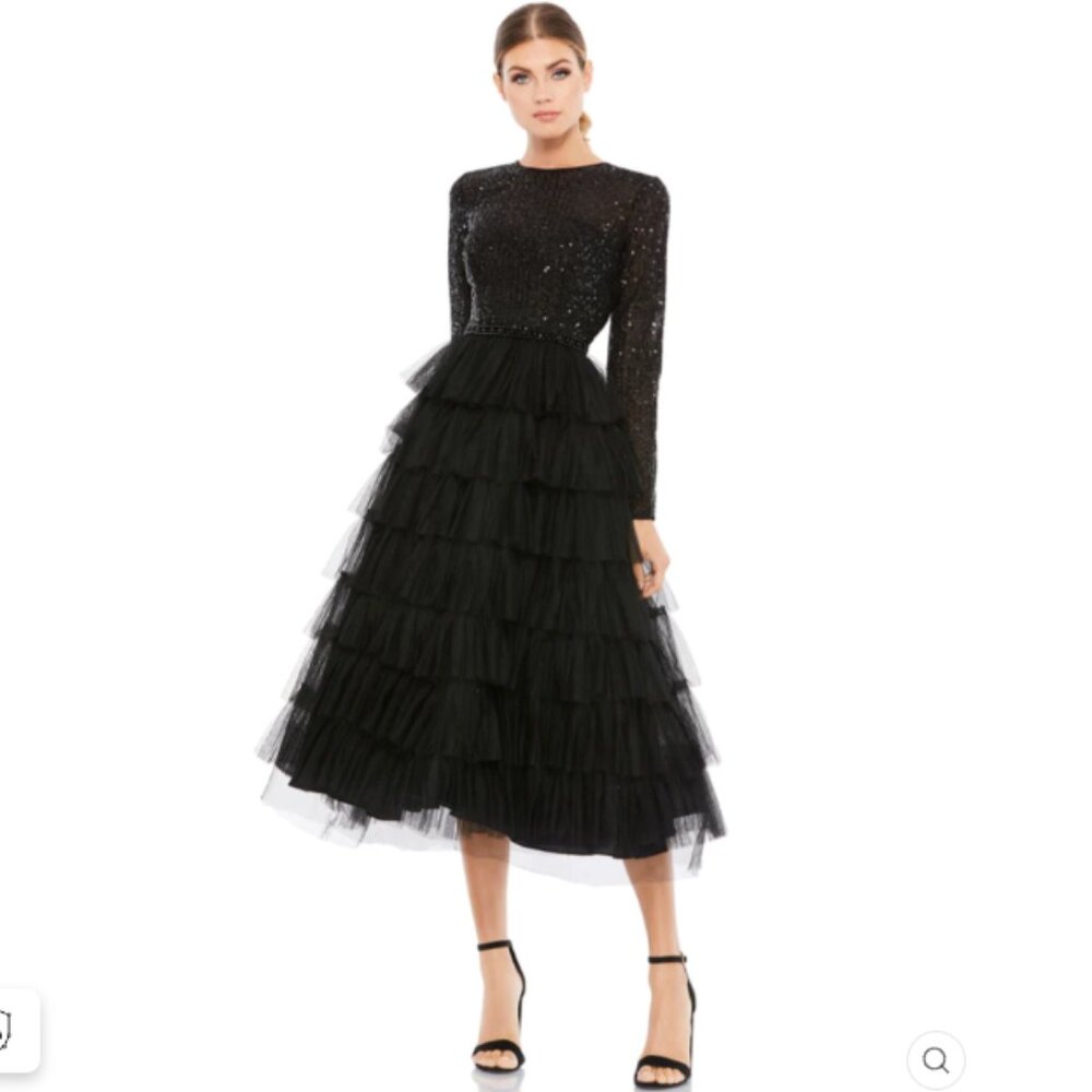 LONG SLEEVE RUFFLE TIERED MIDI DRESS COLOR — Black Size 4 New With Tags
